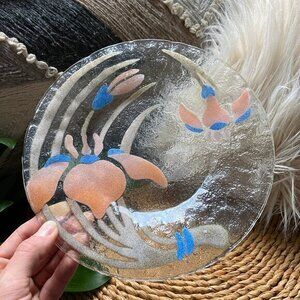 Sydenstricker Fused Art Glass Plate Flower Japanese Iris Orange Indigo Signed
